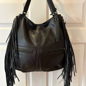 Black Leather Fringe Shoulder Bag